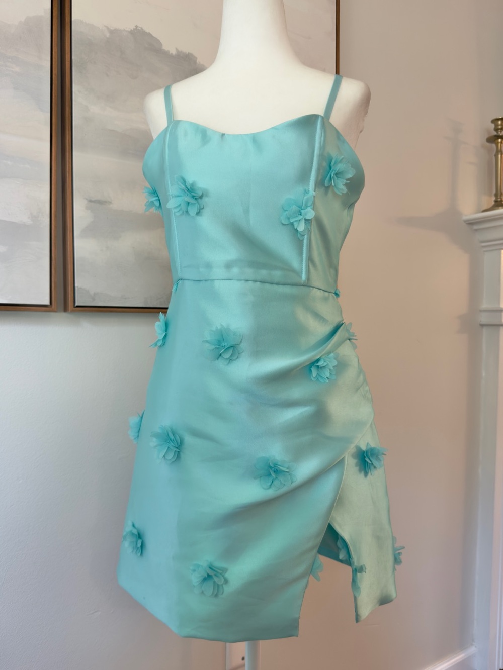 Klesis Aqua Blue Satin Floral Appliqué Mini Dress
